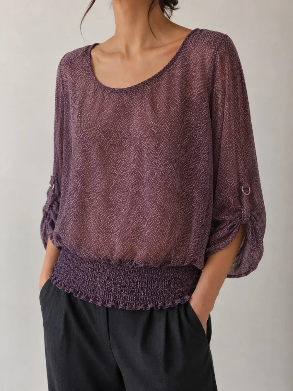 Michael Kors Purple Sheer Blouse Top Round Neck Long Sleeves Sz.XL